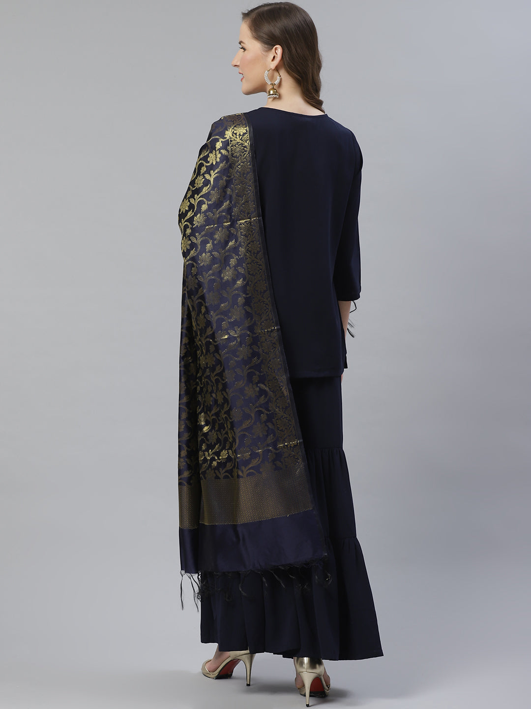 Jompers Women Navy Blue & Golden Solid Kurti with Sharara & Woven Design Dupatta