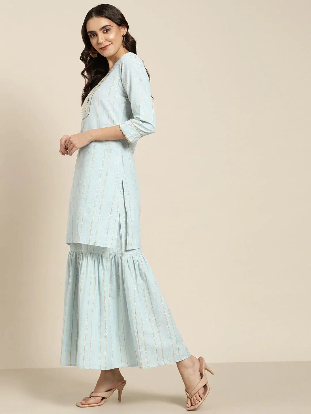 Jompers Women's Turquoise Blue Woven Design Gotta Patti Kurta with Sharara & Dupatta