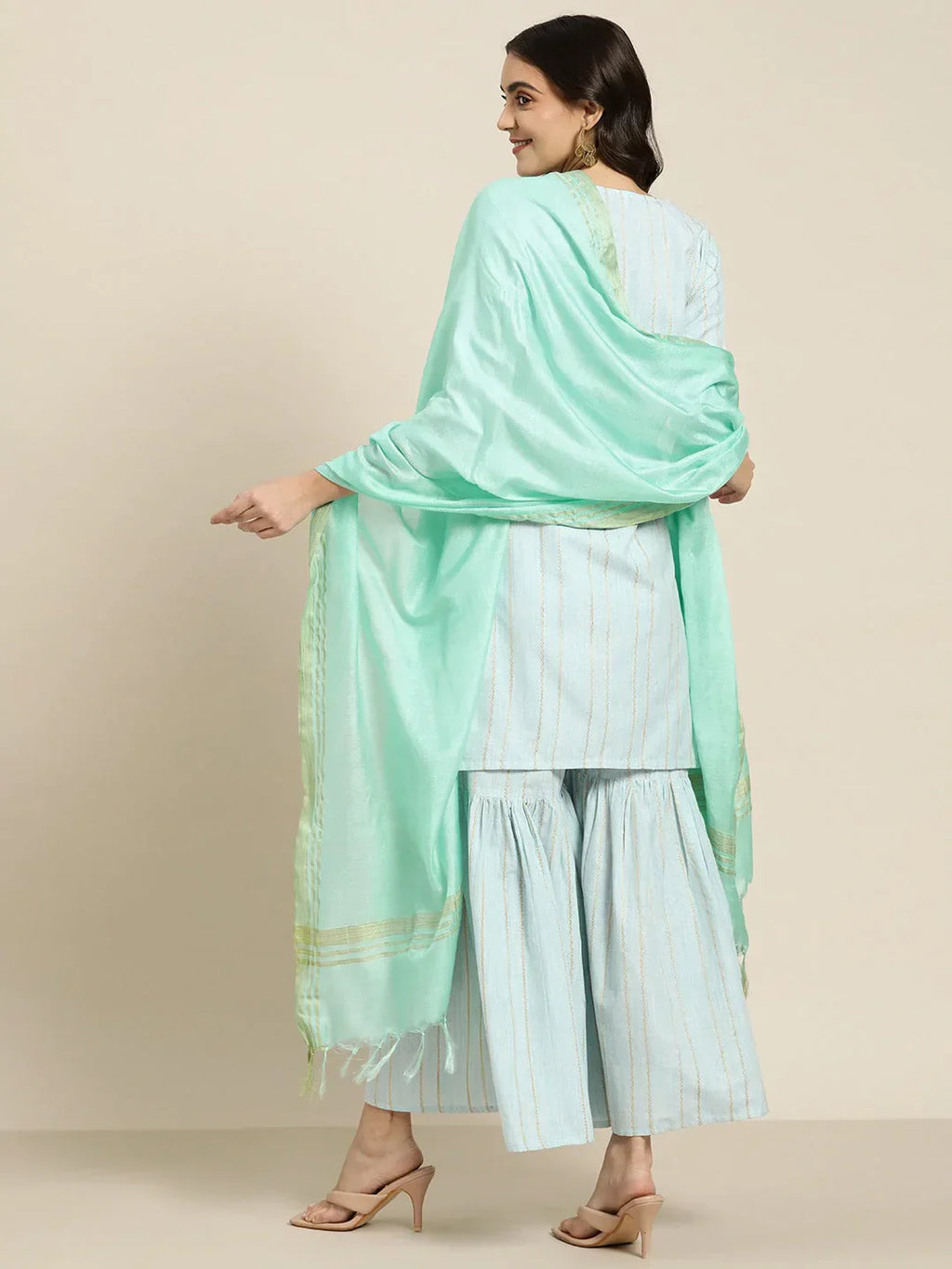 Jompers Women's Turquoise Blue Woven Design Gotta Patti Kurta with Sharara & Dupatta