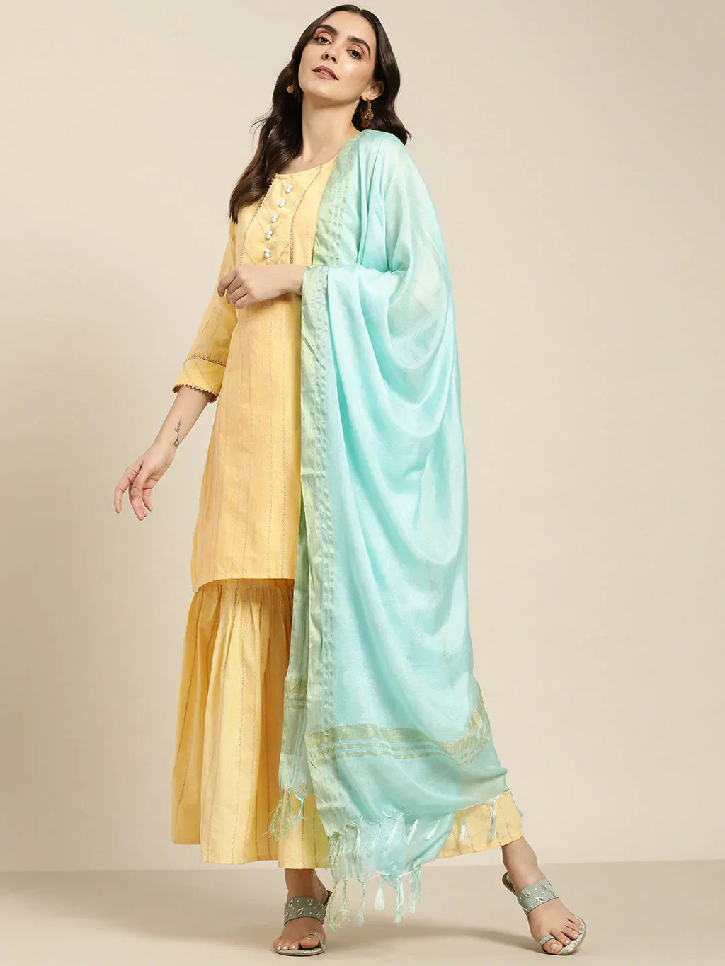Jompers Women's Yellow Woven Design Gotta Patti Kurta with Sharara & Dupatta