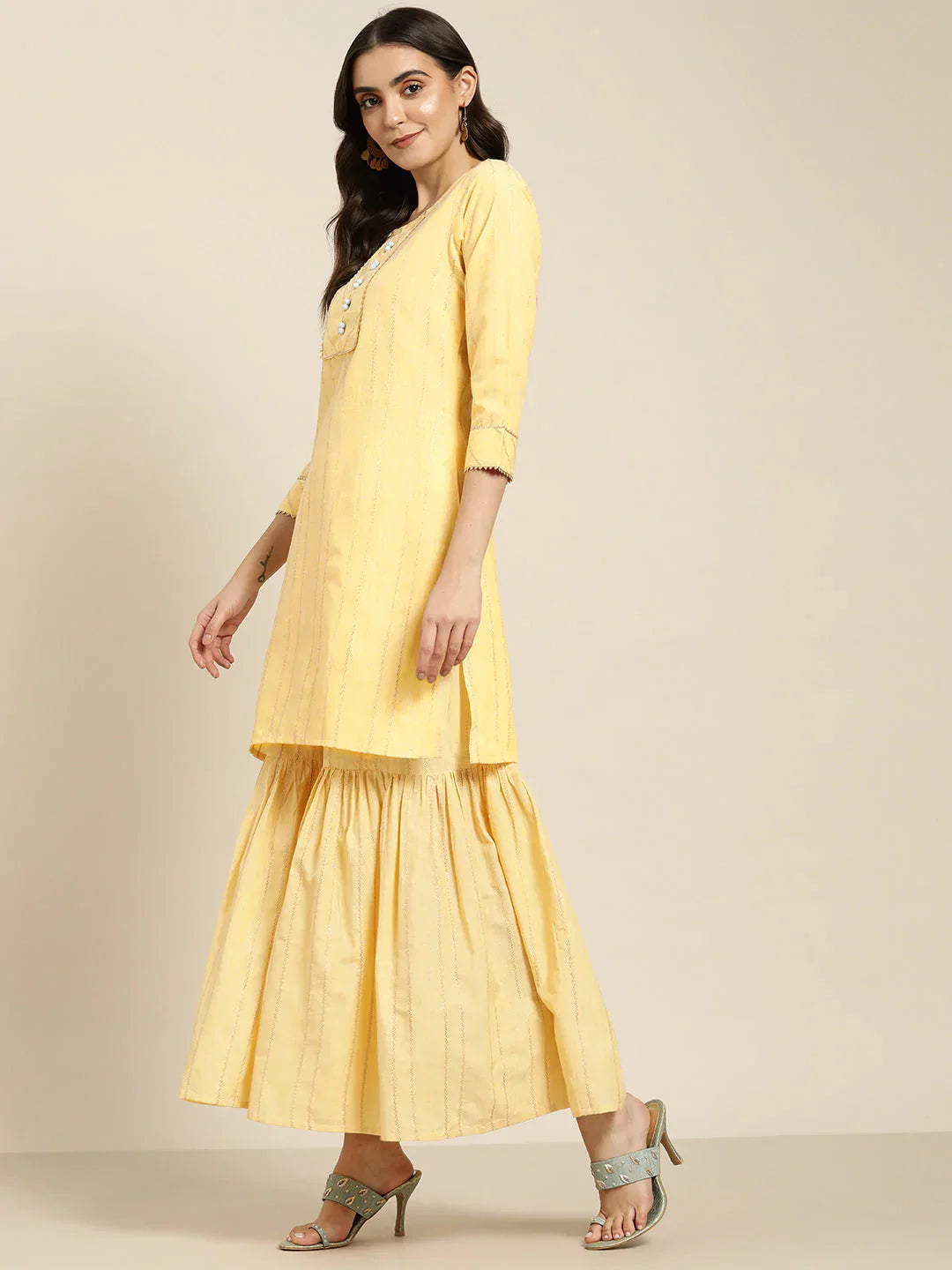 Jompers Women's Yellow Woven Design Gotta Patti Kurta with Sharara & Dupatta