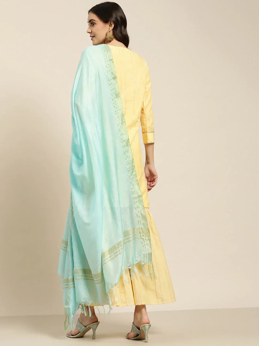 Jompers Women's Yellow Woven Design Gotta Patti Kurta with Sharara & Dupatta