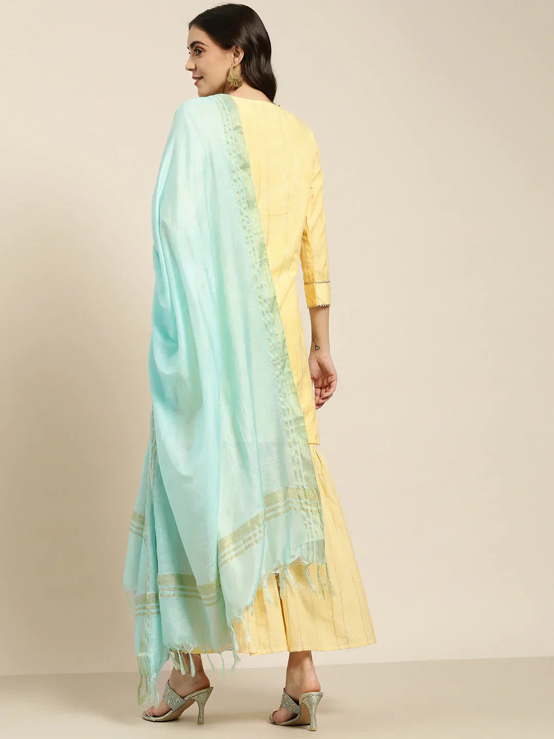 Jompers Women's Yellow Woven Design Gotta Patti Kurta with Sharara & Dupatta