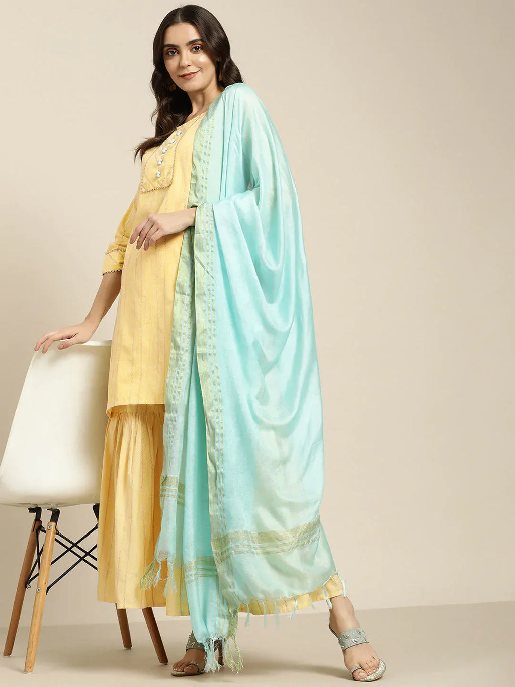 Jompers Women's Yellow Woven Design Gotta Patti Kurta with Sharara & Dupatta
