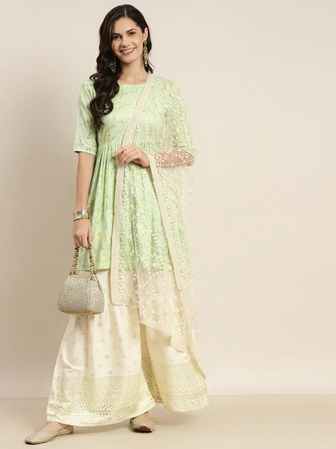 Jompers Women's Green Kurta with Sharara & Dupatta - Green