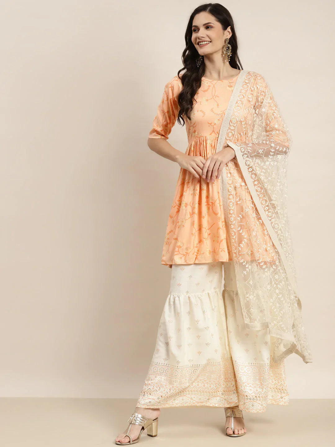 Jompers Women's Orange Kurta with Sharara & Dupatta - Orange