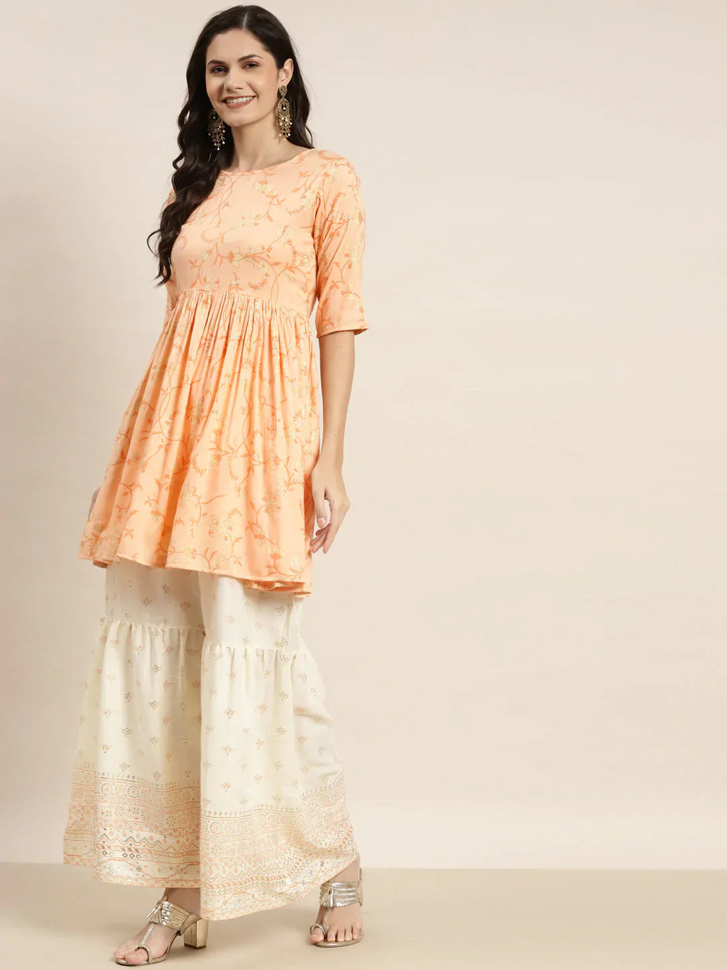 Jompers Women's Orange Kurta with Sharara & Dupatta - Orange
