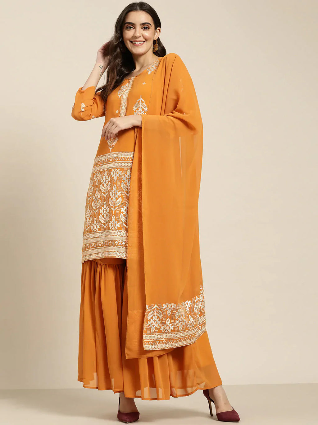 Jompers Women's Orange & Silver Ethnic Motifs Foil Printed Straight Kurta Sharara Dupatta