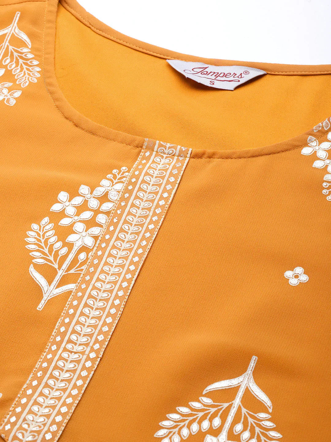 Jompers Women's Orange & Silver Ethnic Motifs Foil Printed Straight Kurta Sharara Dupatta