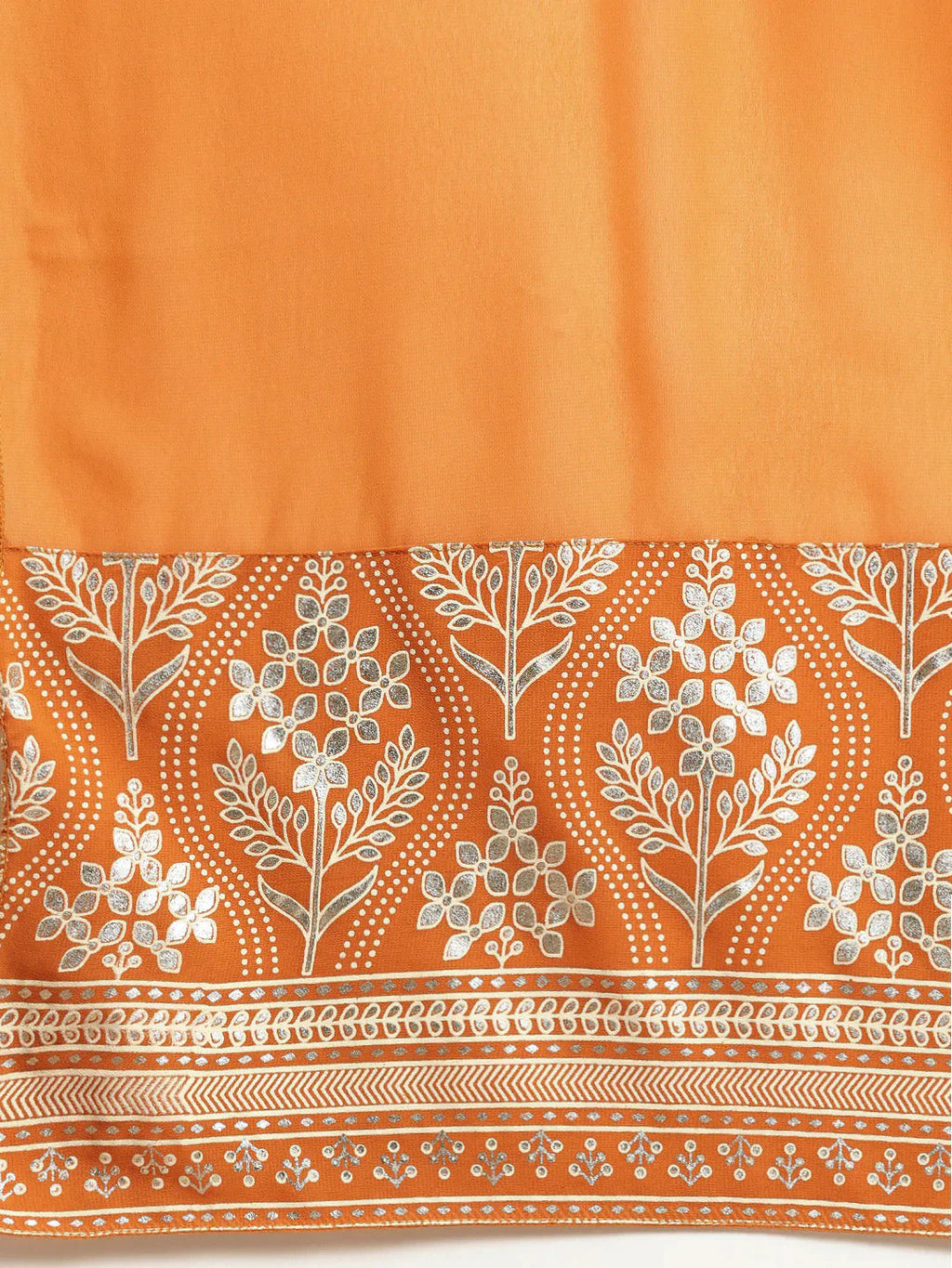 Jompers Women's Orange & Silver Ethnic Motifs Foil Printed Straight Kurta Sharara Dupatta