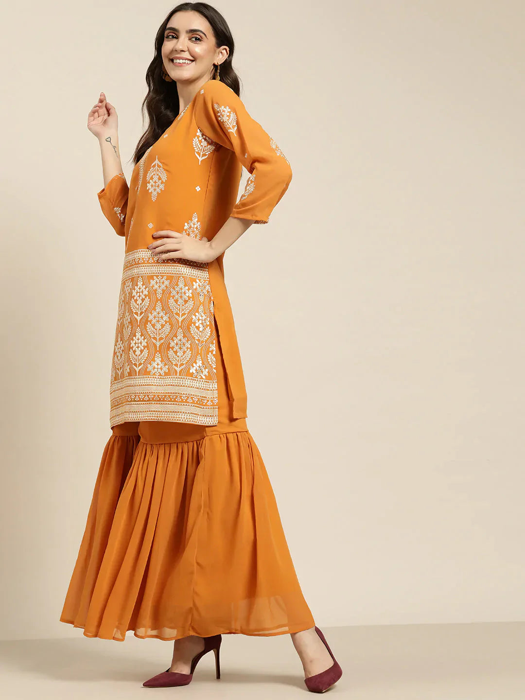 Jompers Women's Orange & Silver Ethnic Motifs Foil Printed Straight Kurta Sharara Dupatta