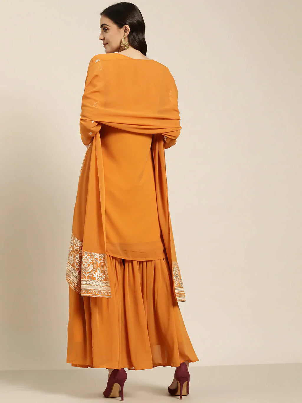 Jompers Women's Orange & Silver Ethnic Motifs Foil Printed Straight Kurta Sharara Dupatta