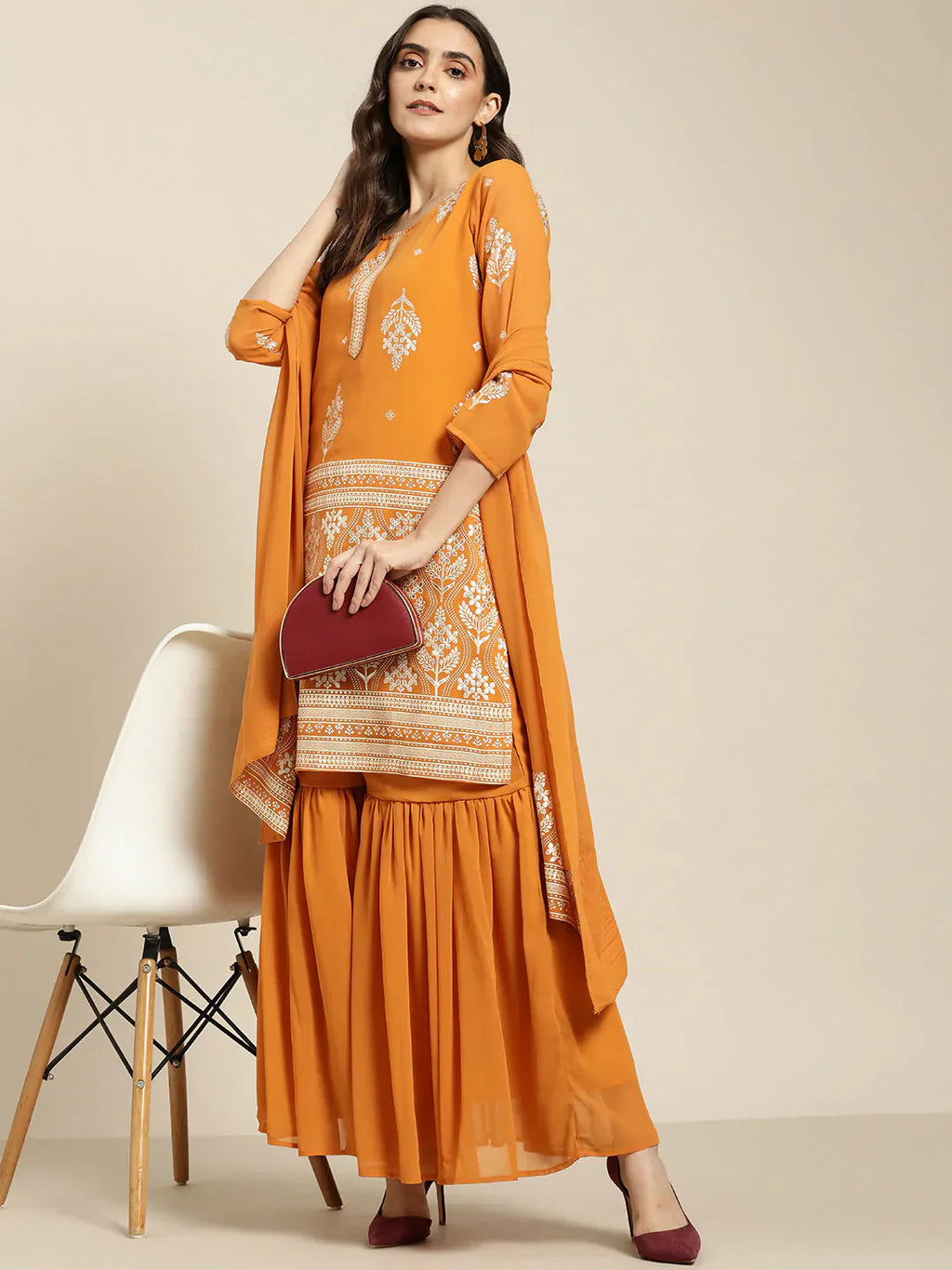Jompers Women's Orange & Silver Ethnic Motifs Foil Printed Straight Kurta Sharara Dupatta