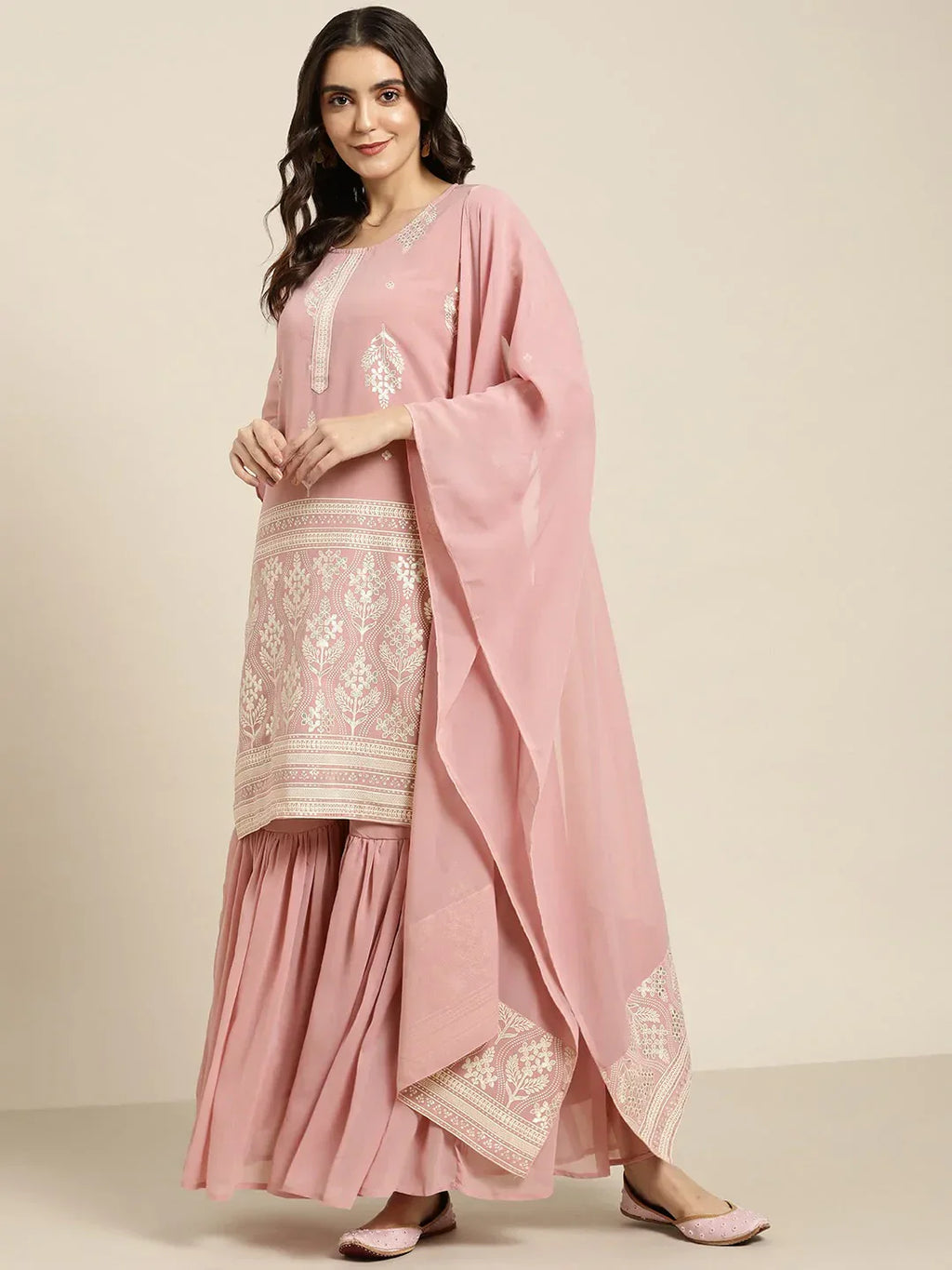 Jompers Women's Pink & Silver Ethnic Motifs Foil Printed Straight Kurta Sharara Dupatta