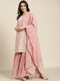 Jompers Women's Pink & Silver Ethnic Motifs Foil Printed Straight Kurta Sharara Dupatta