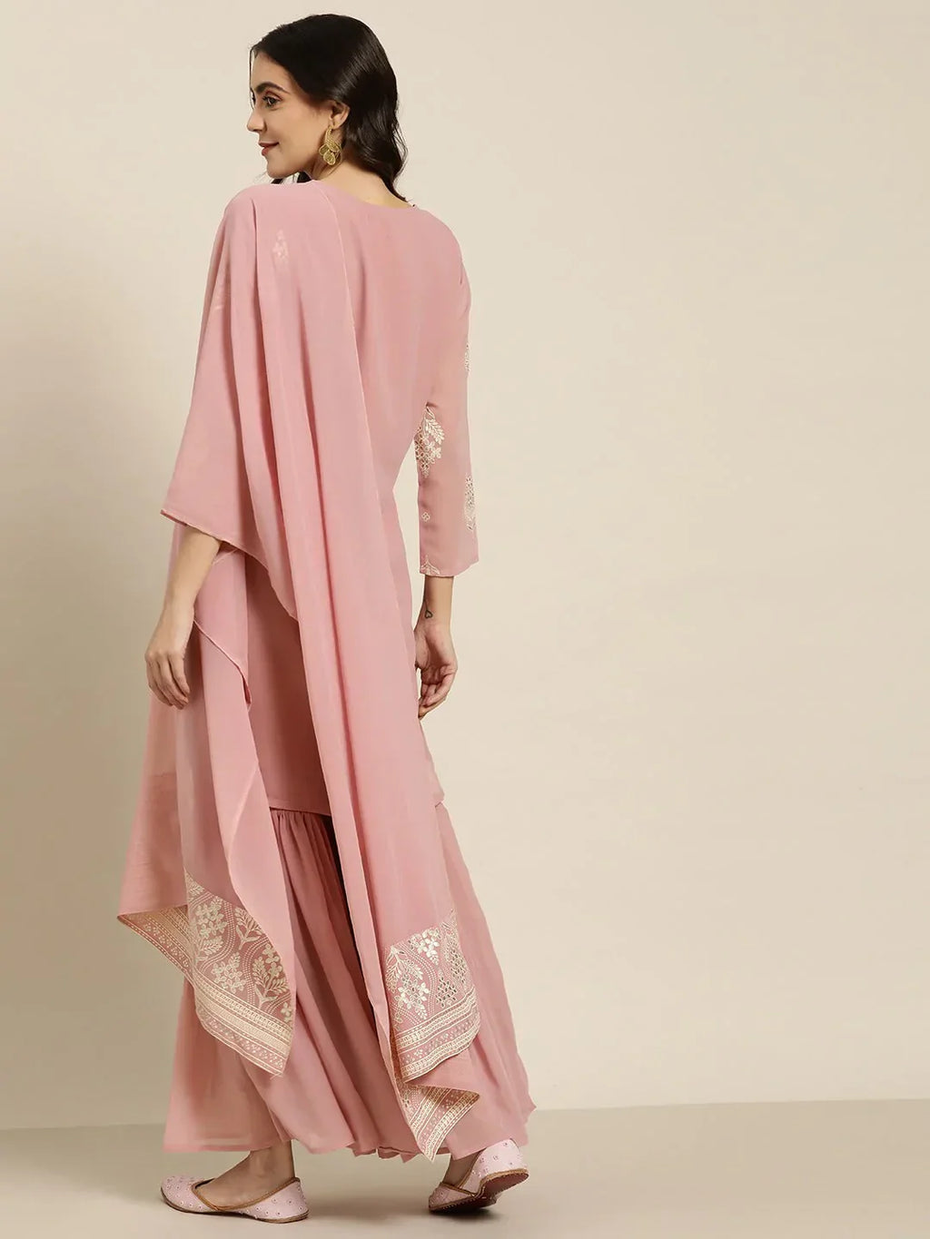 Jompers Women's Pink & Silver Ethnic Motifs Foil Printed Straight Kurta Sharara Dupatta
