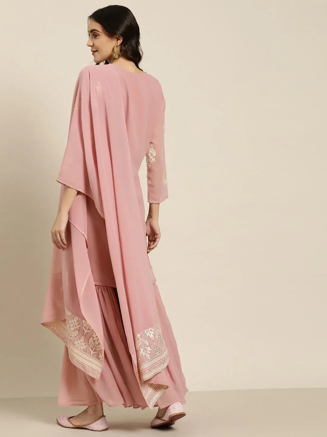 Jompers Women's Pink & Silver Ethnic Motifs Foil Printed Straight Kurta Sharara Dupatta