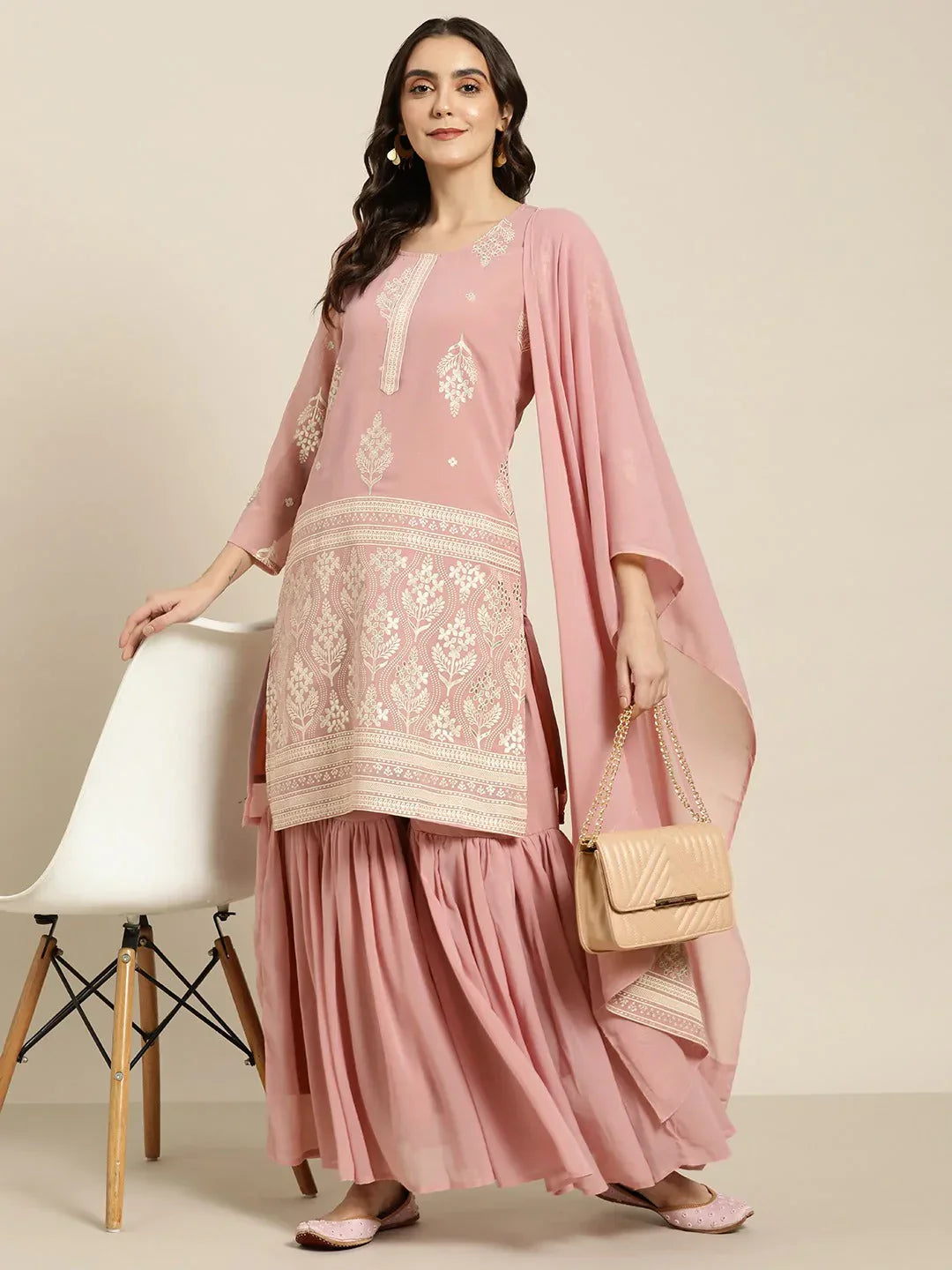 Jompers Women's Pink & Silver Ethnic Motifs Foil Printed Straight Kurta Sharara Dupatta