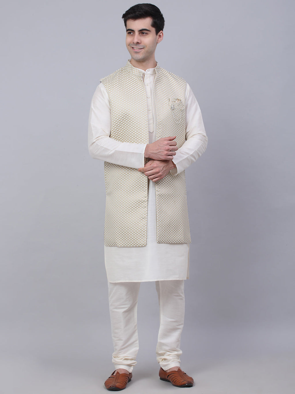 Jompers Men's Solid Kurta Pyjama With Shrug Jacket - Beige