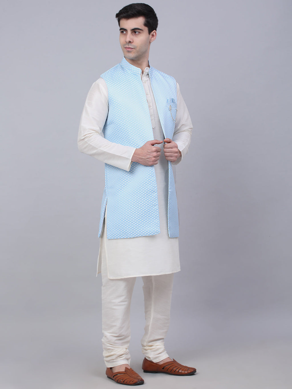 Jompers Men's Solid Kurta Pyjama With Shrug Jacket - Blue