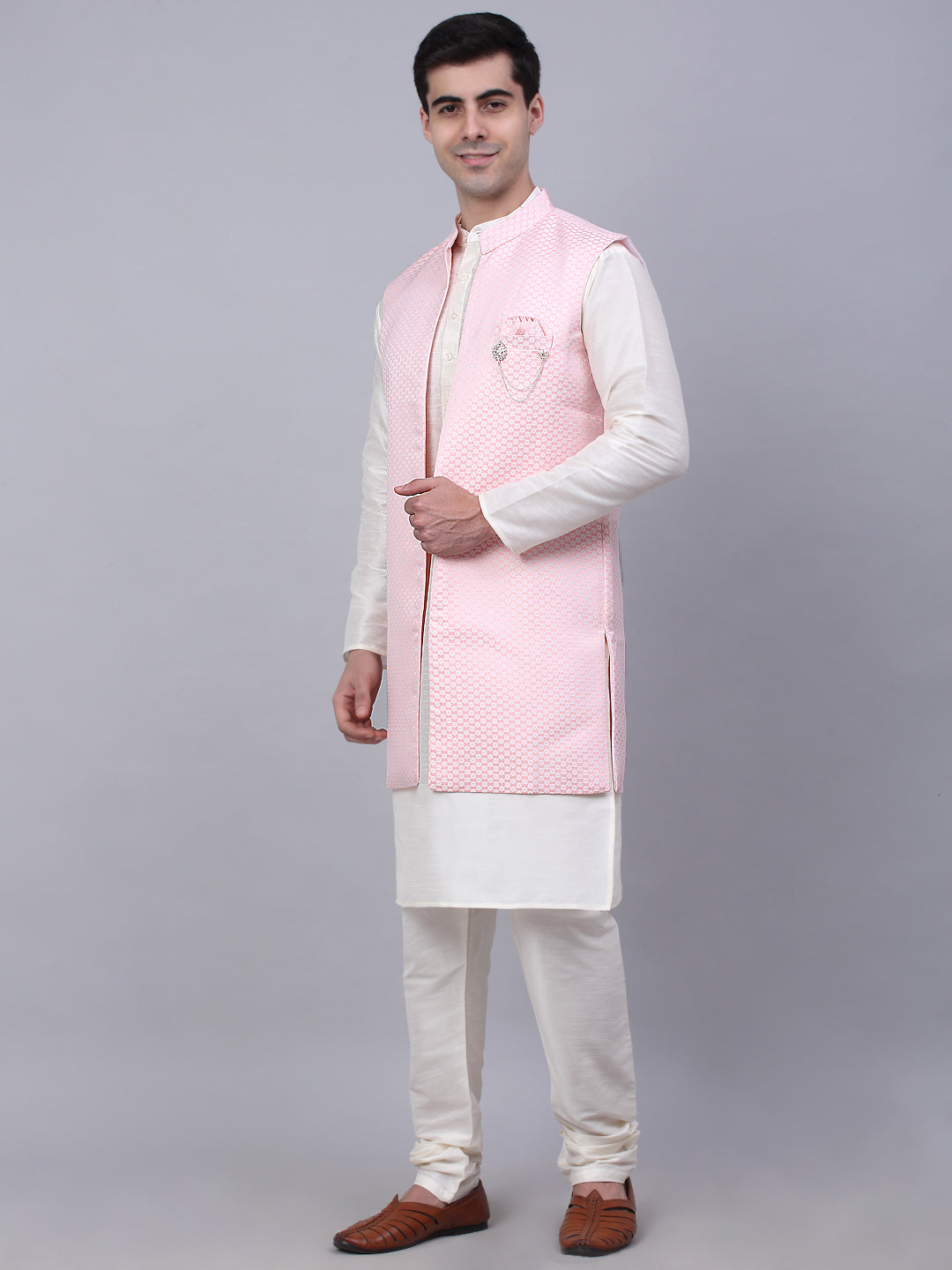 Jompers Men's Solid Kurta Pyjama With Shrug Jacket - Pink