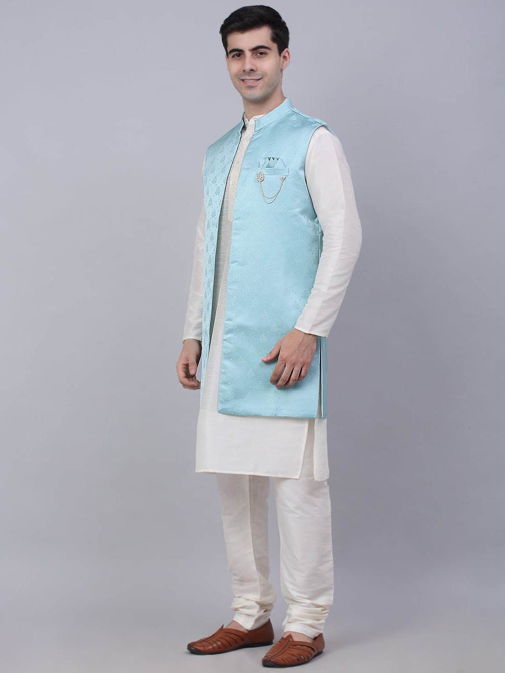 Jompers Men's Solid Kurta Pyjama With Shrug Jacket - Sky Blue