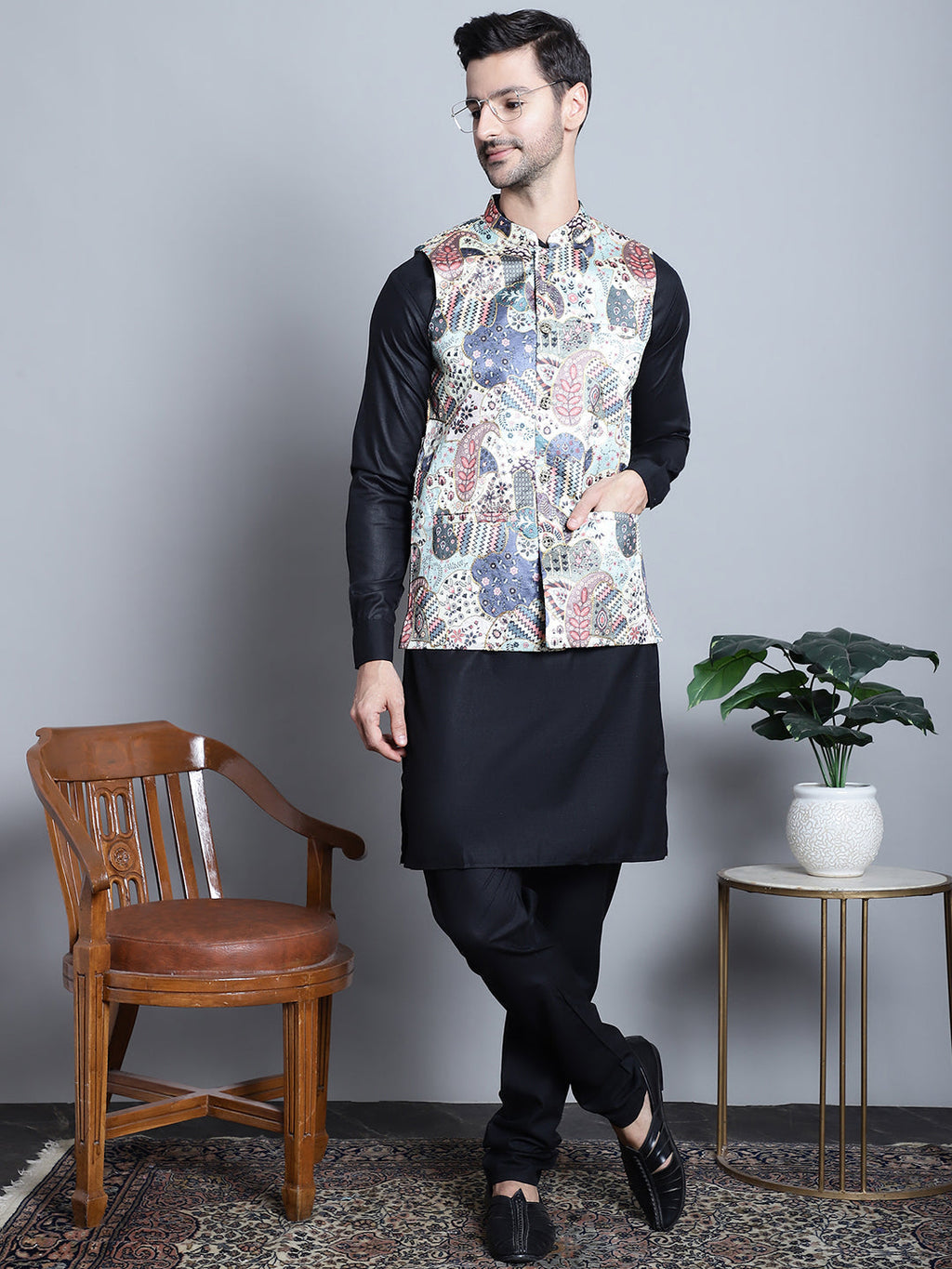 Jompers Men's Digital Print and Zari Work Nehru Jacket With Kurta Pyjama Set - Blue