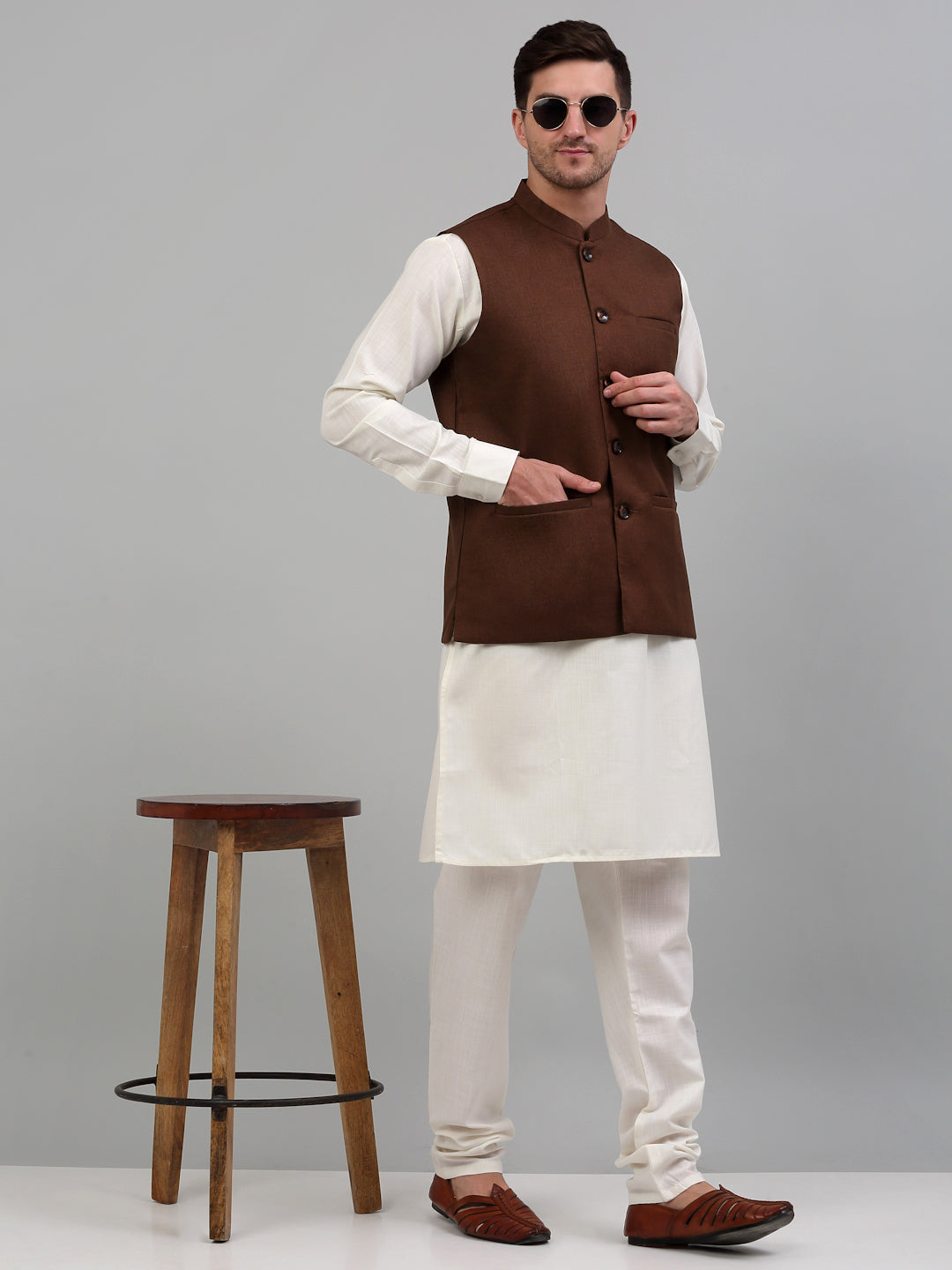 Jompers Men's Nehru Jacket with White Kurta Pyjama