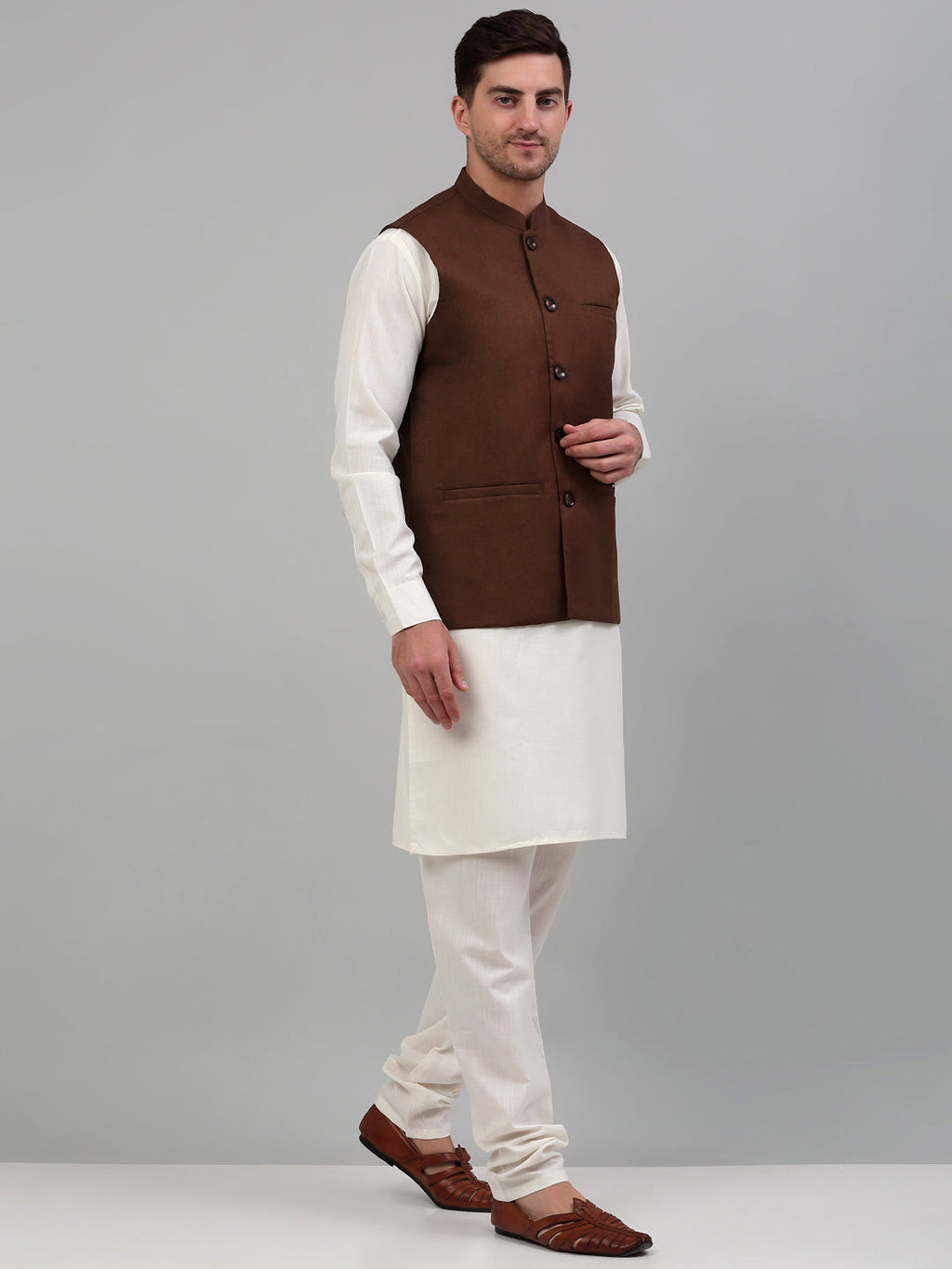 Jompers Men's Nehru Jacket with White Kurta Pyjama
