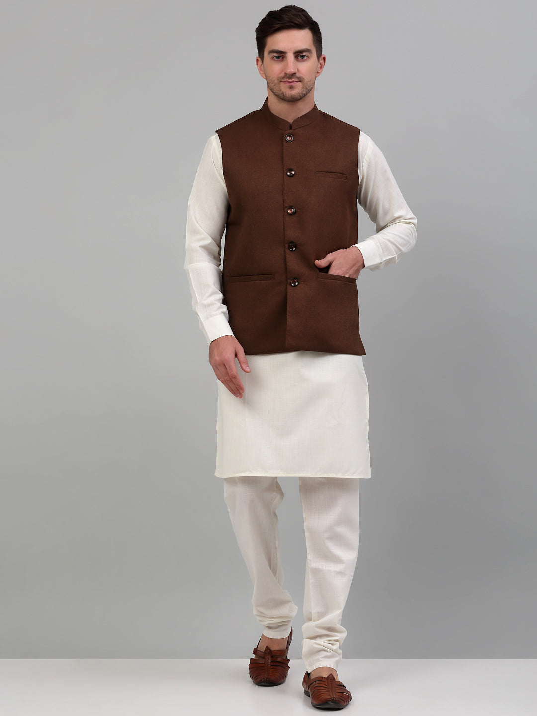 Jompers Men's Nehru Jacket with White Kurta Pyjama