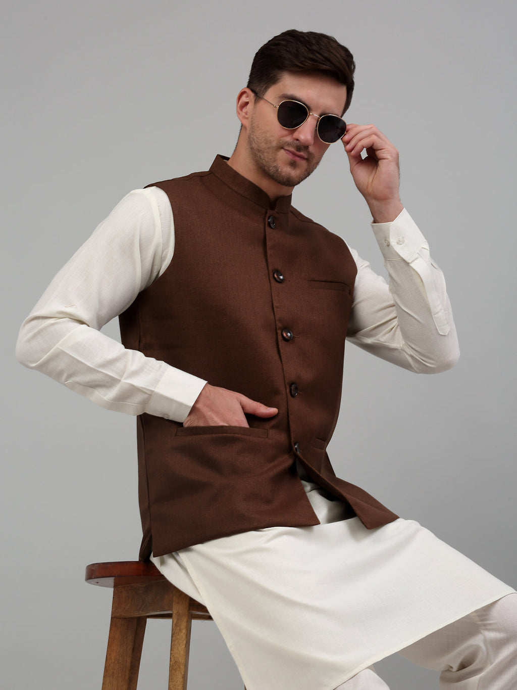 Jompers Men's Nehru Jacket with White Kurta Pyjama