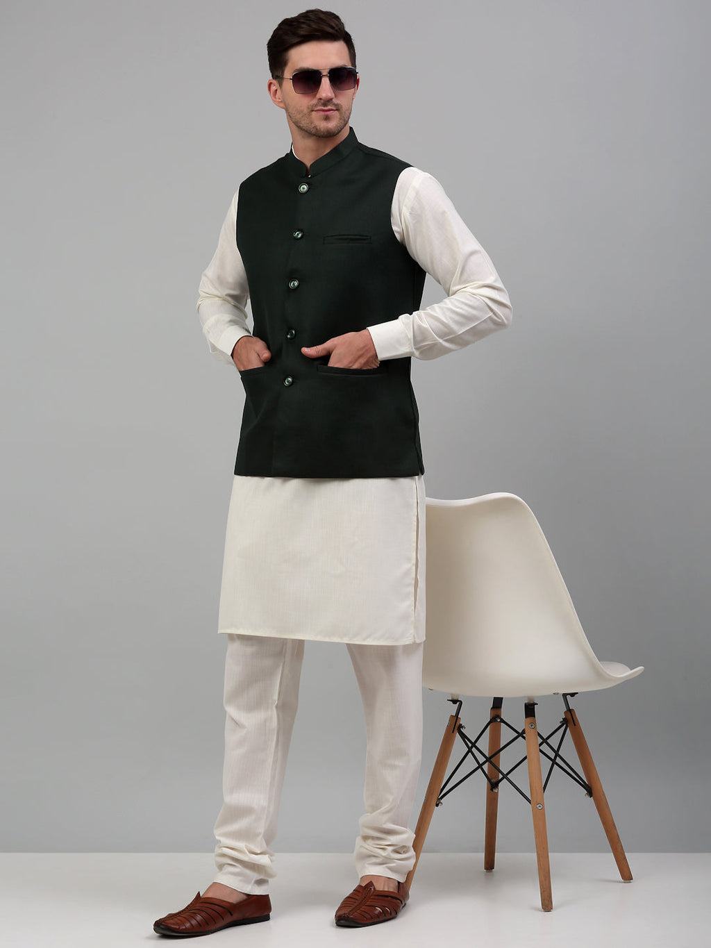 Jompers Men's Nehru Jacket with White Kurta Pyjama