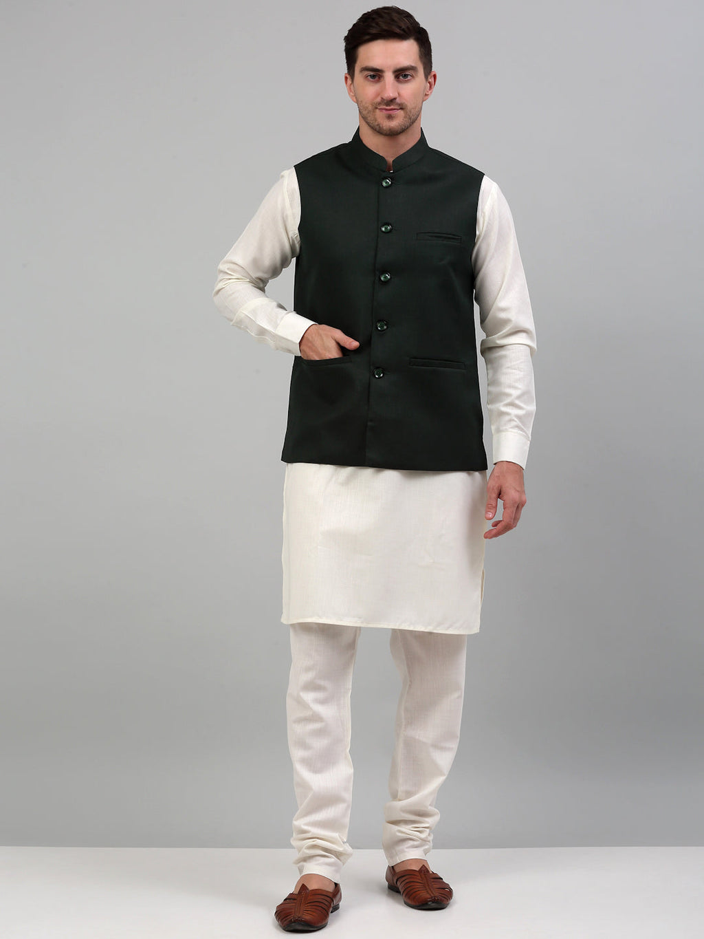 Jompers Men's Nehru Jacket with White Kurta Pyjama