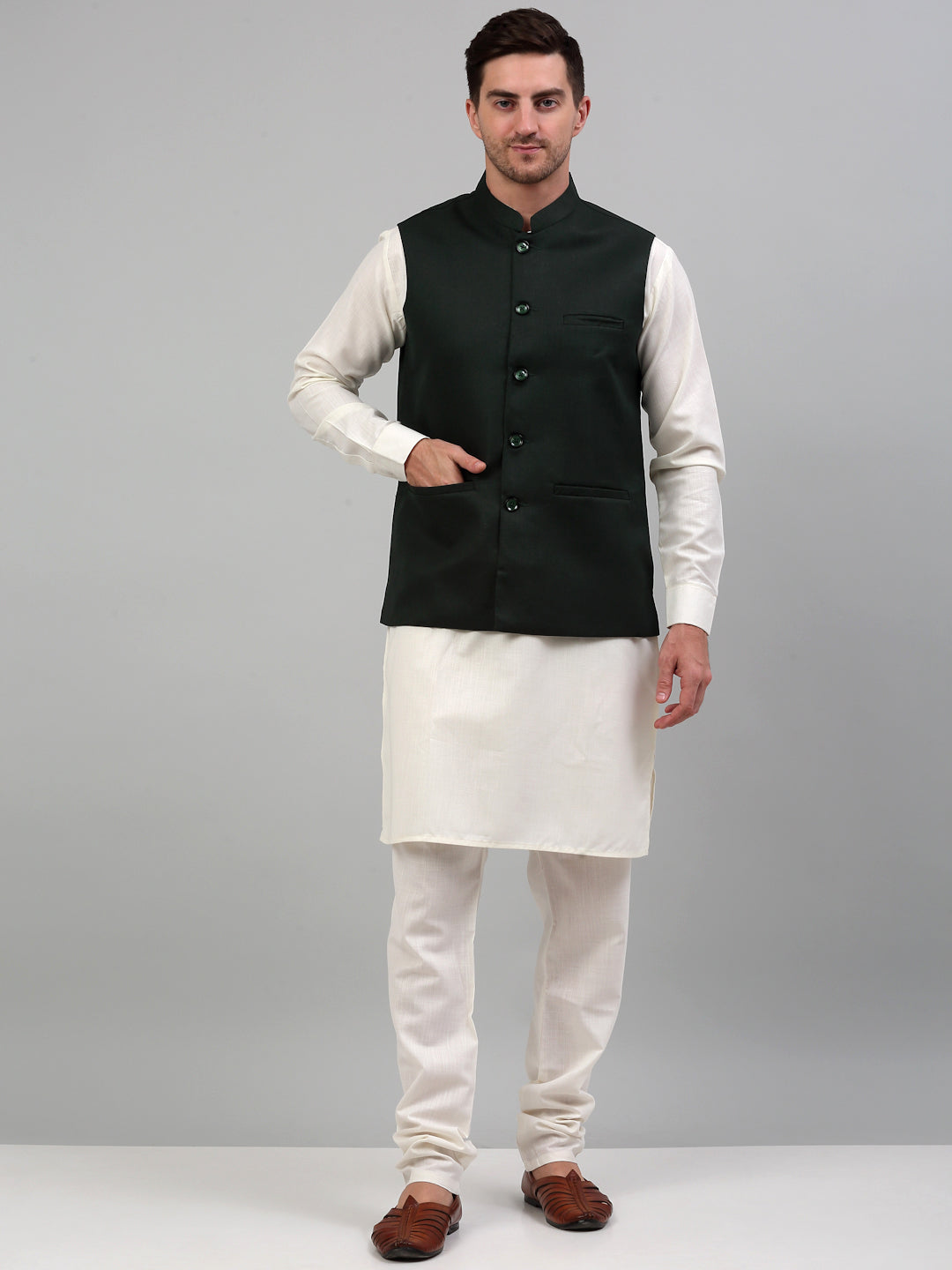 Jompers Men's Nehru Jacket with White Kurta Pyjama