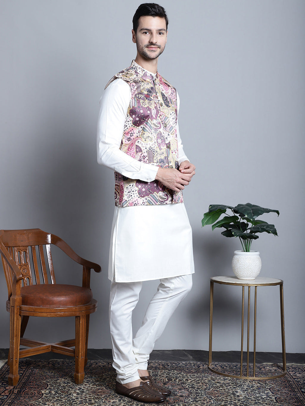Jompers Men's Digital Print and Zari Work Nehru Jacket With Kurta Pyjama Set - Purple