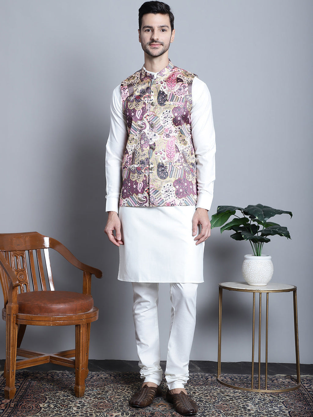 Jompers Men's Digital Print and Zari Work Nehru Jacket With Kurta Pyjama Set - Purple