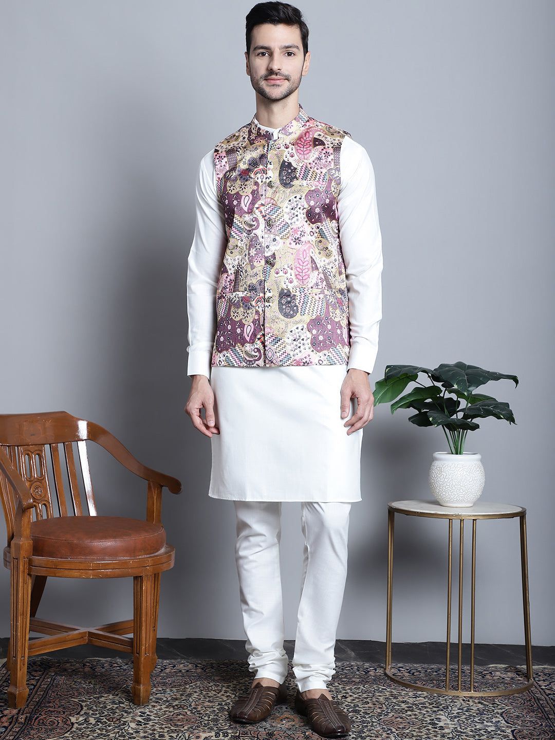 Jompers Men's Digital Print and Zari Work Nehru Jacket With Kurta Pyjama Set - Purple