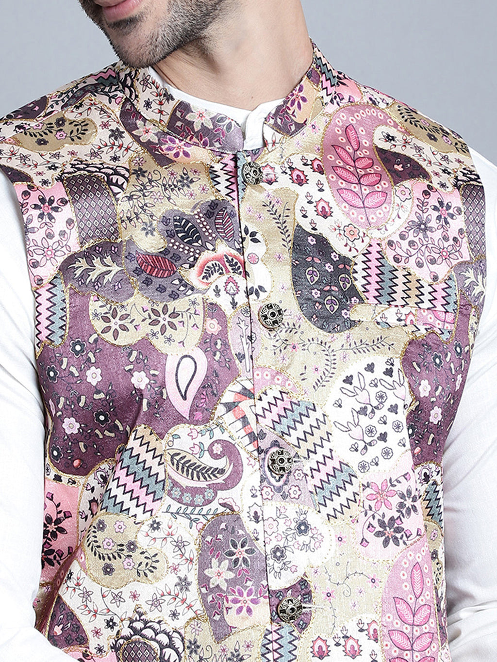Jompers Men's Digital Print and Zari Work Nehru Jacket With Kurta Pyjama Set - Purple