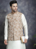 Jompers Men's Embroidred Nehru Jacket With Solid Kurta Pyjama - Brown