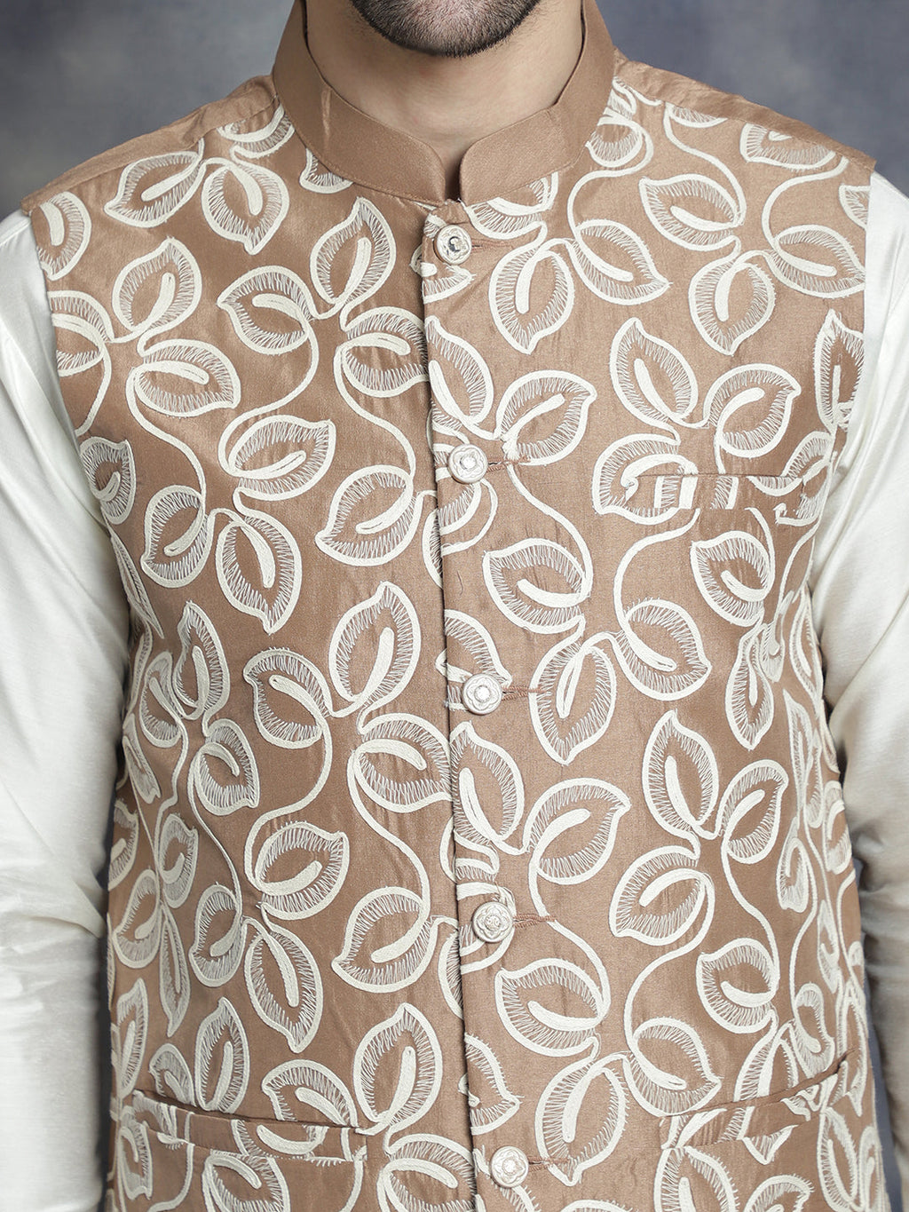 Jompers Men's Embroidred Nehru Jacket With Solid Kurta Pyjama - Brown