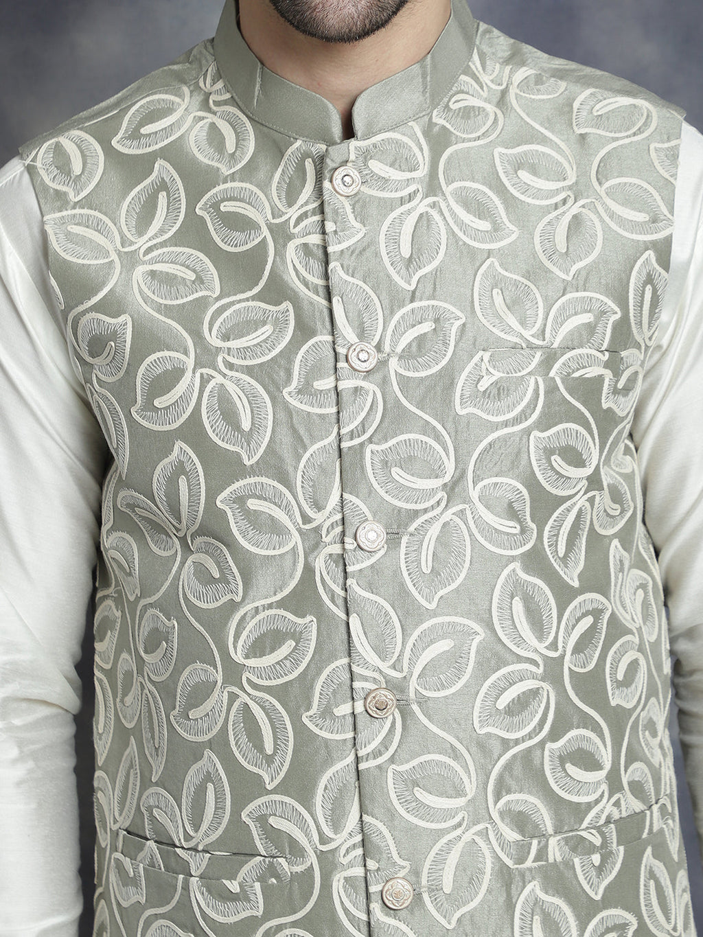 Jompers Men's Embroidred Nehru Jacket With Solid Kurta Pyjama - Pista
