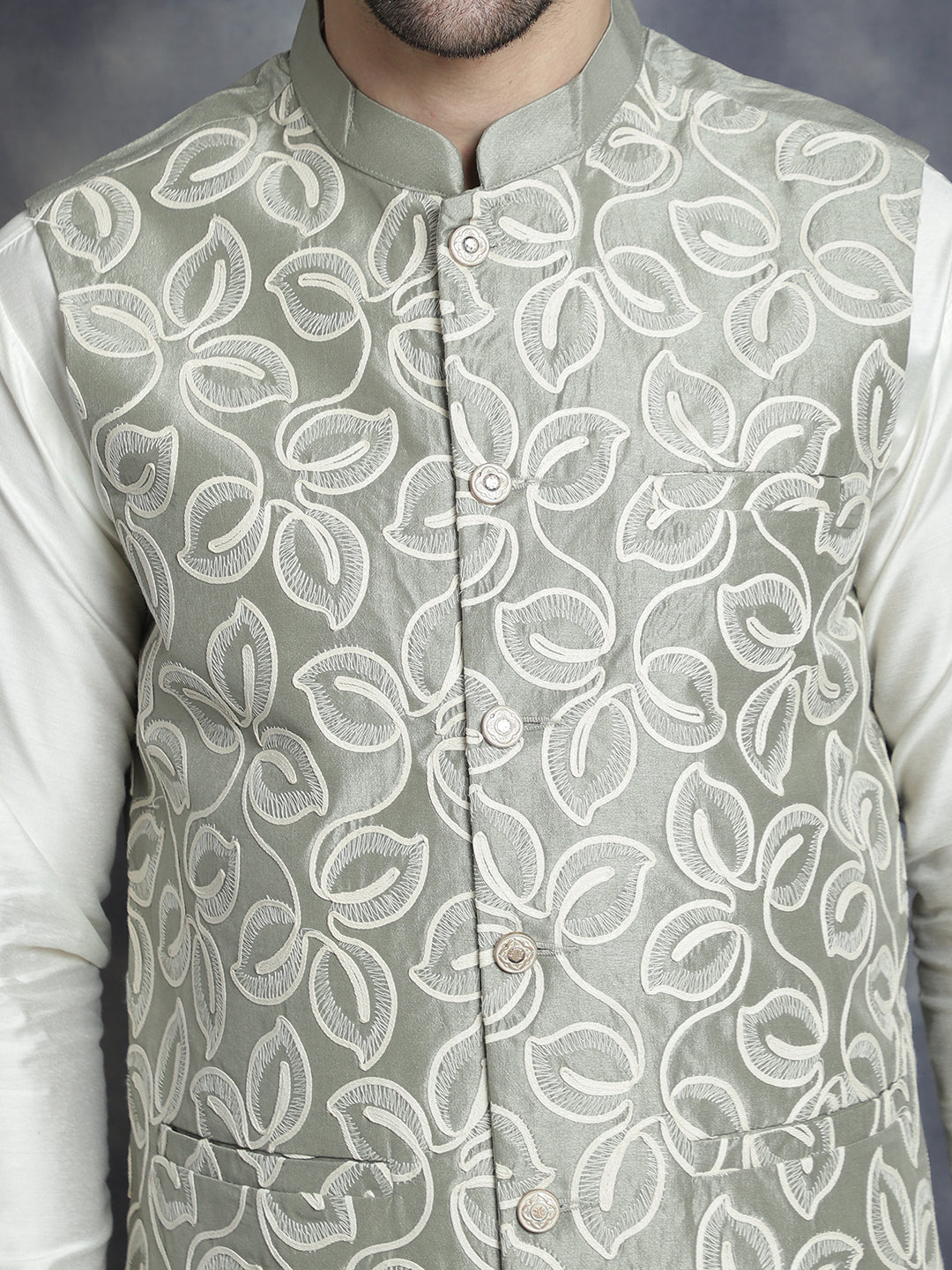 Jompers Men's Embroidred Nehru Jacket With Solid Kurta Pyjama - Pista