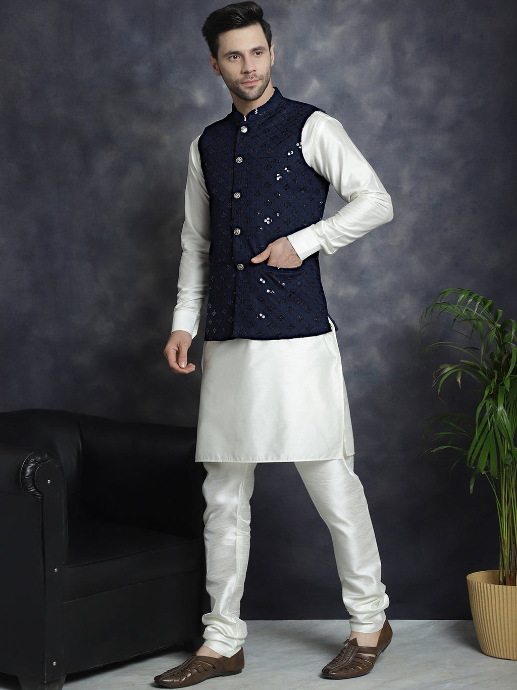 Jompers Men's Sequins and Embroidred Nehru Jacket With Solid Kurta Pyjama - Navy Blue