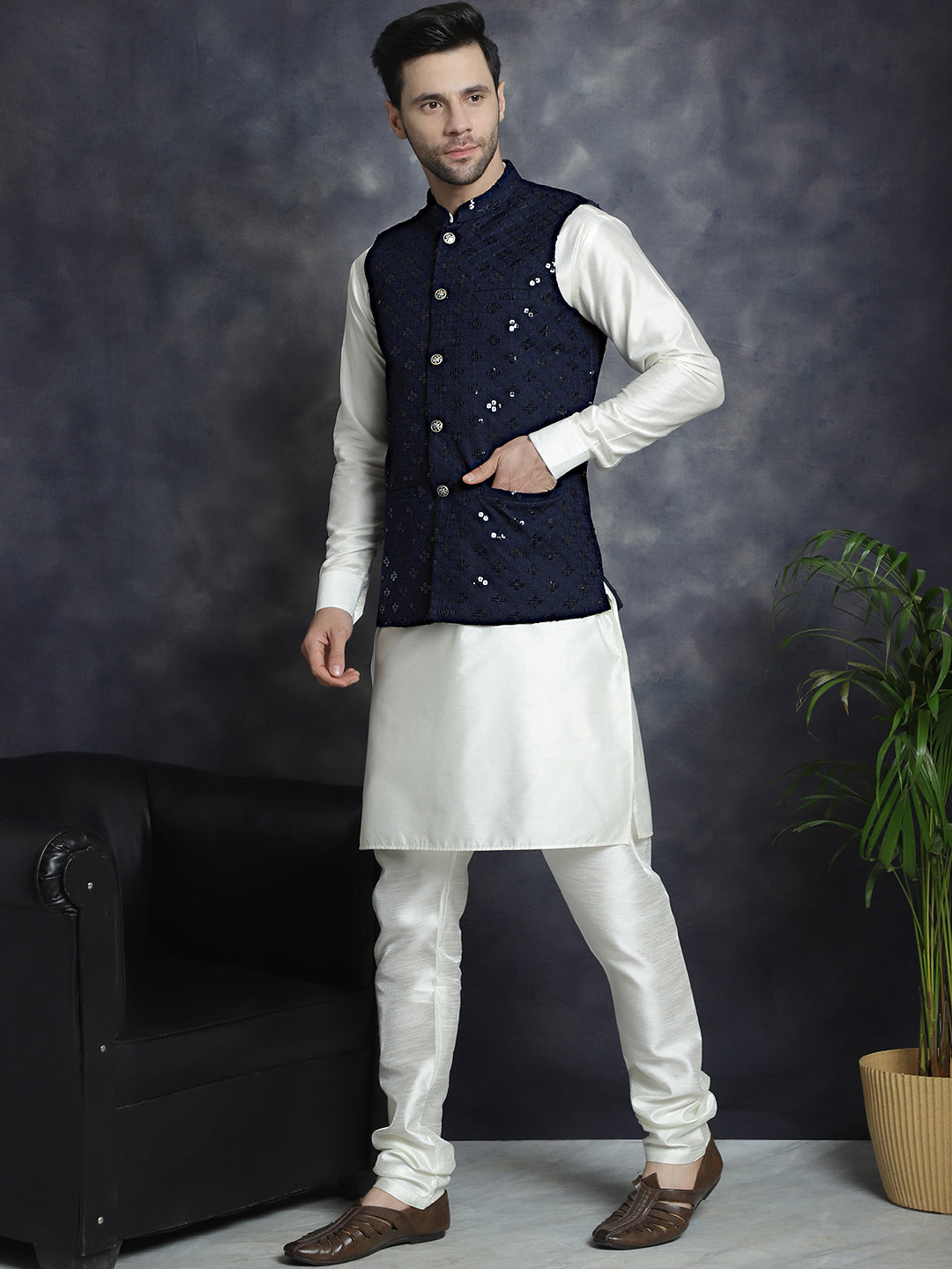 Jompers Men's Sequins and Embroidred Nehru Jacket With Solid Kurta Pyjama - Navy Blue