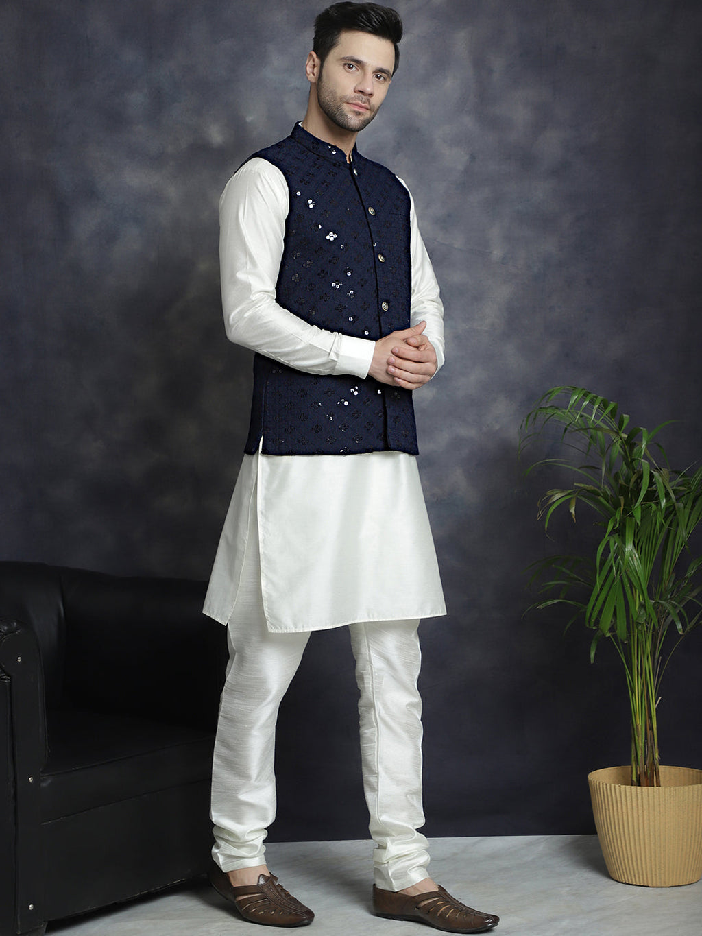 Jompers Men's Sequins and Embroidred Nehru Jacket With Solid Kurta Pyjama - Navy Blue