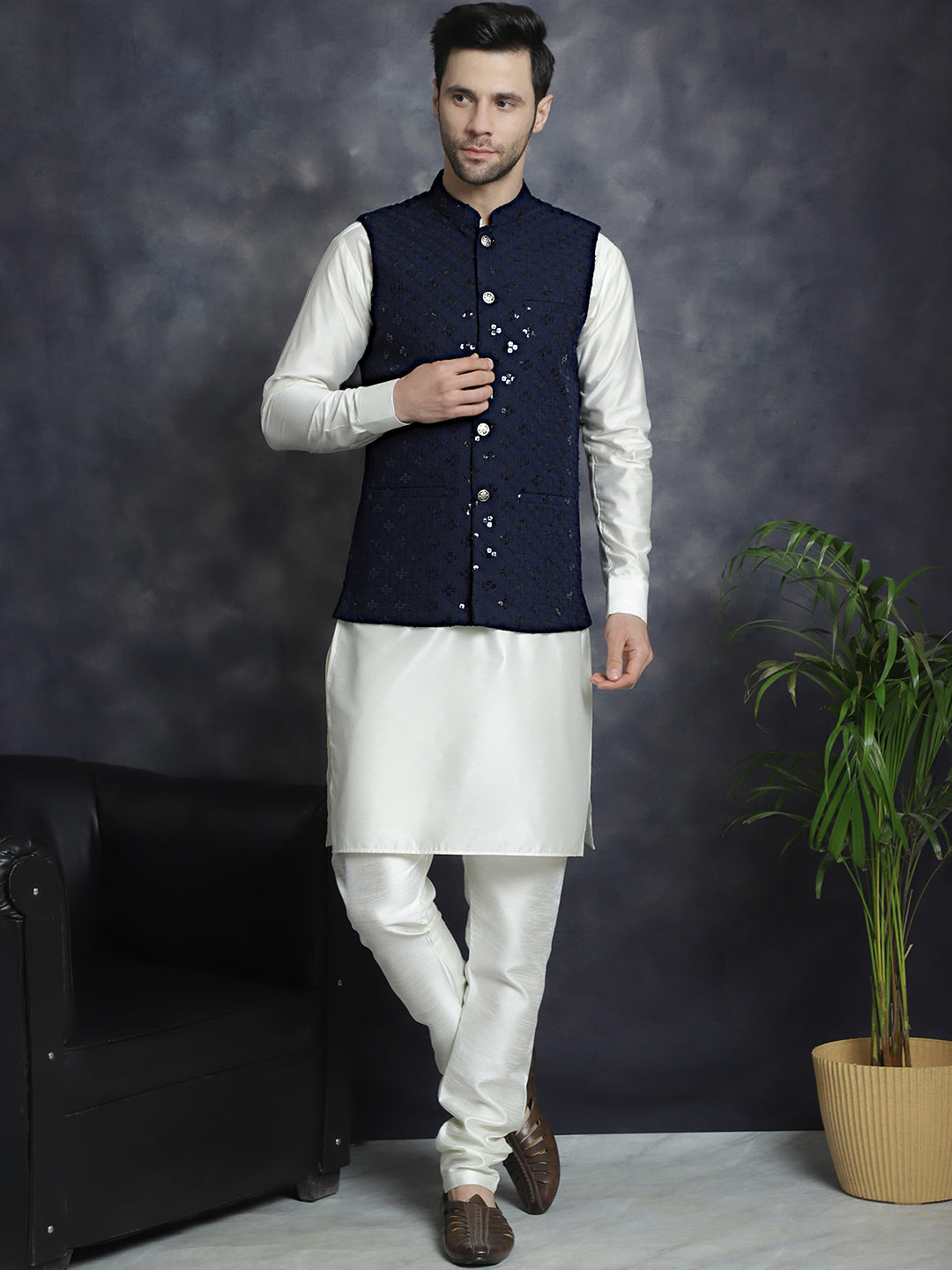 Jompers Men's Sequins and Embroidred Nehru Jacket With Solid Kurta Pyjama - Navy Blue