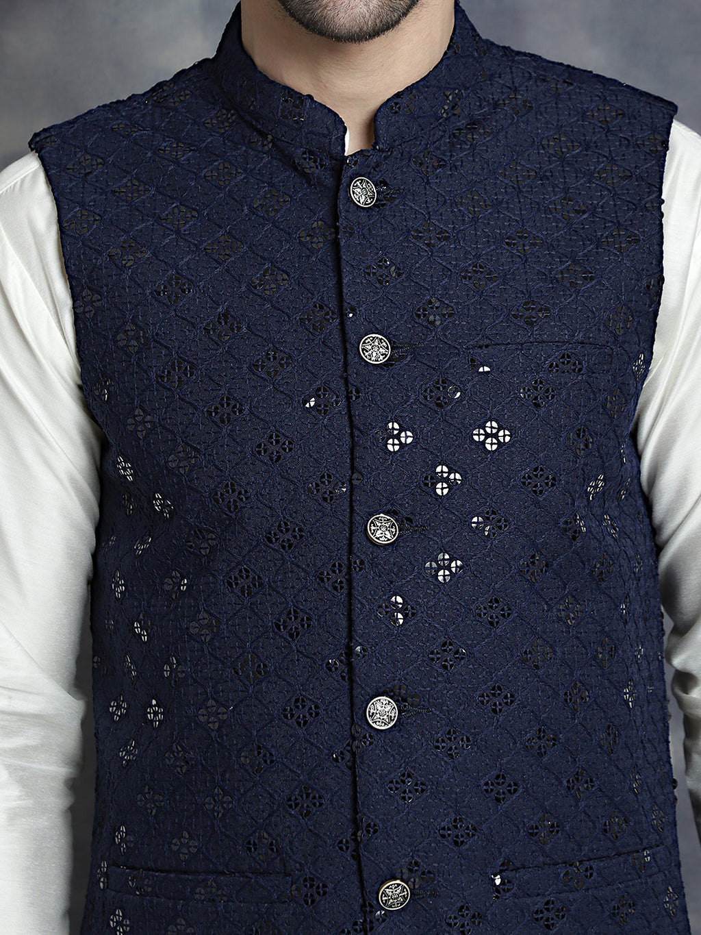 Jompers Men's Sequins and Embroidred Nehru Jacket With Solid Kurta Pyjama - Navy Blue