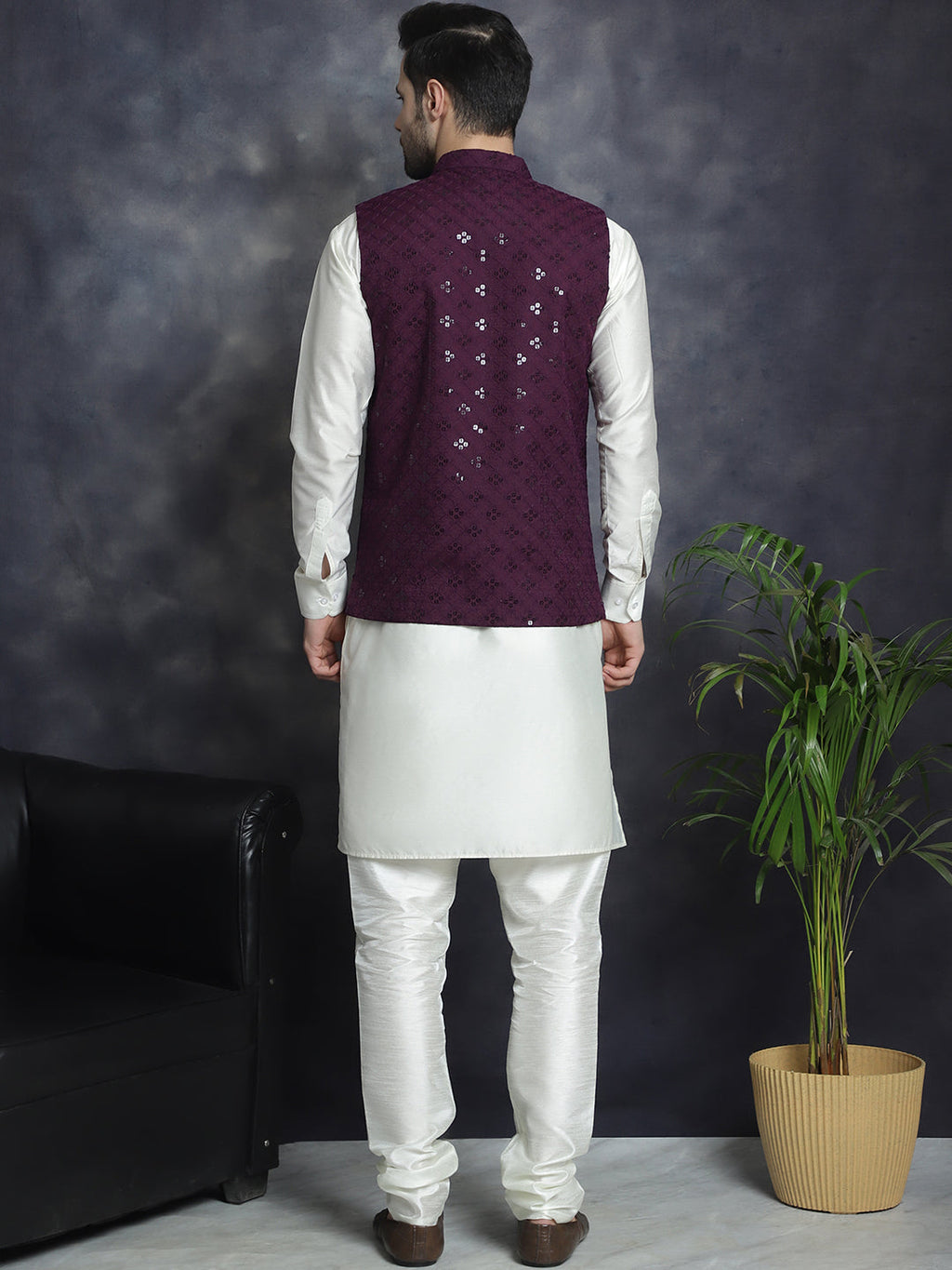 Jompers Men's Sequins and Embroidred Nehru Jacket With Solid Kurta Pyjama - Purple