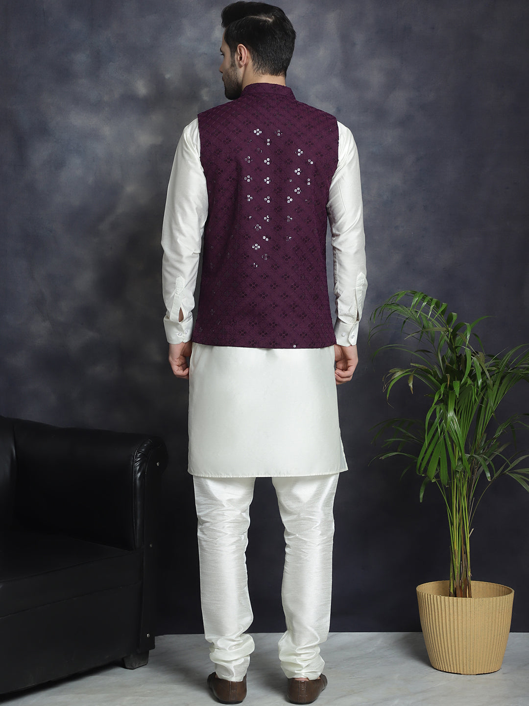 Jompers Men's Sequins and Embroidred Nehru Jacket With Solid Kurta Pyjama - Purple