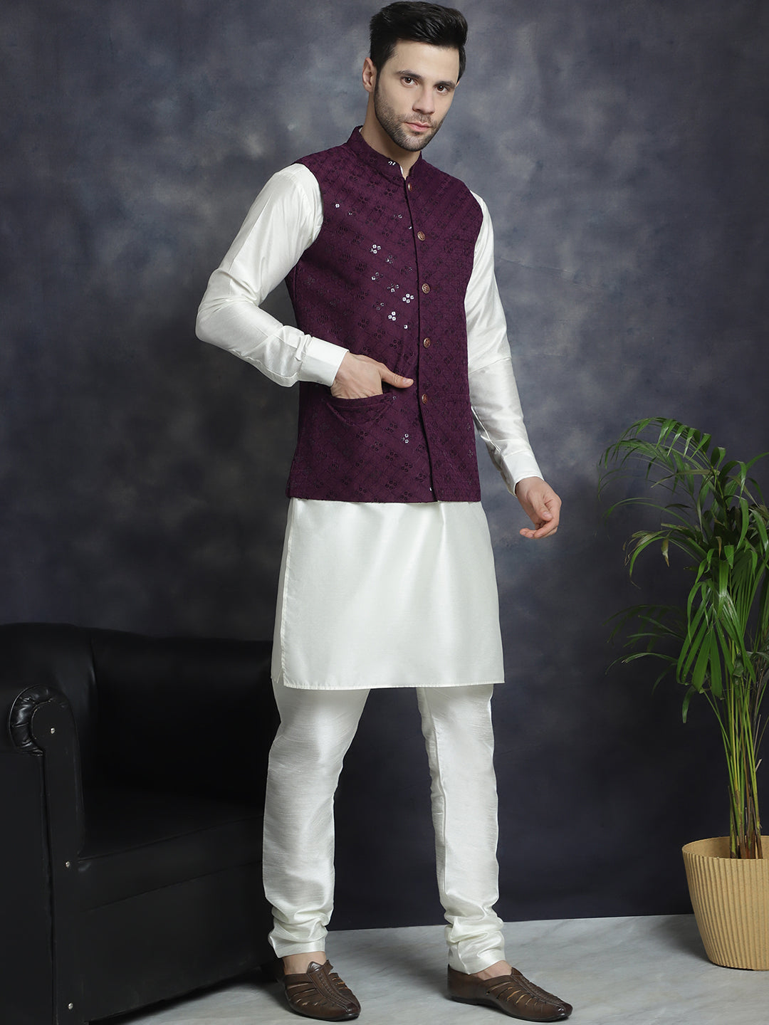 Jompers Men's Sequins and Embroidred Nehru Jacket With Solid Kurta Pyjama - Purple